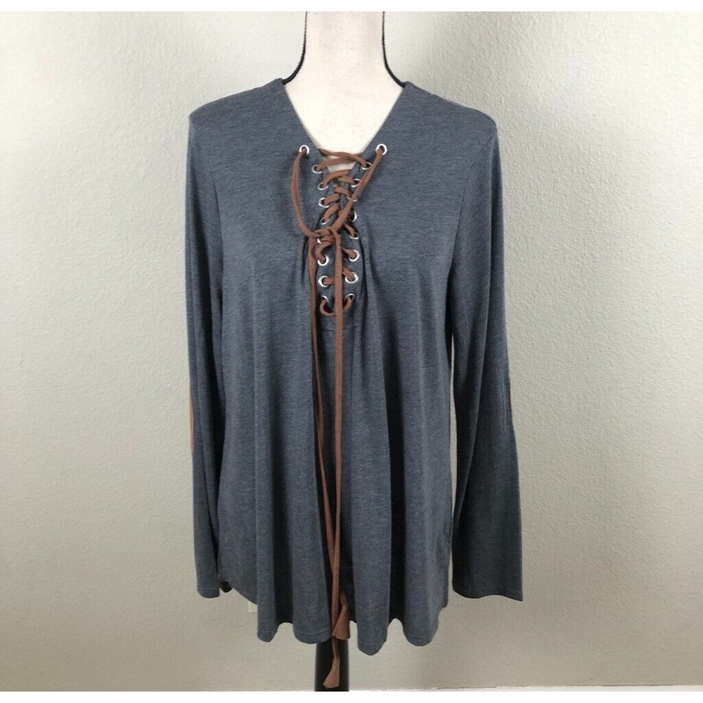 Umgee Shirt Women Medium Gray Popover Grommet Leather Tie Elbow Pads Boho Casual